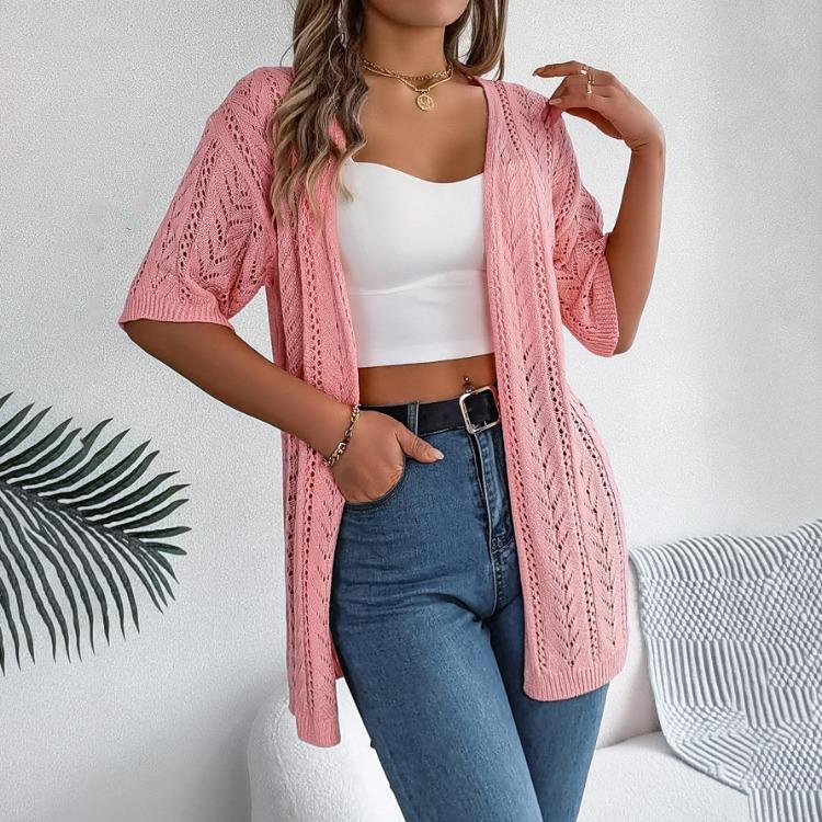 Eleganter Damen V-Ausschnitt Locker Gestrickter Cardigan Solider Karopullover Frühling Sommer Oberteile