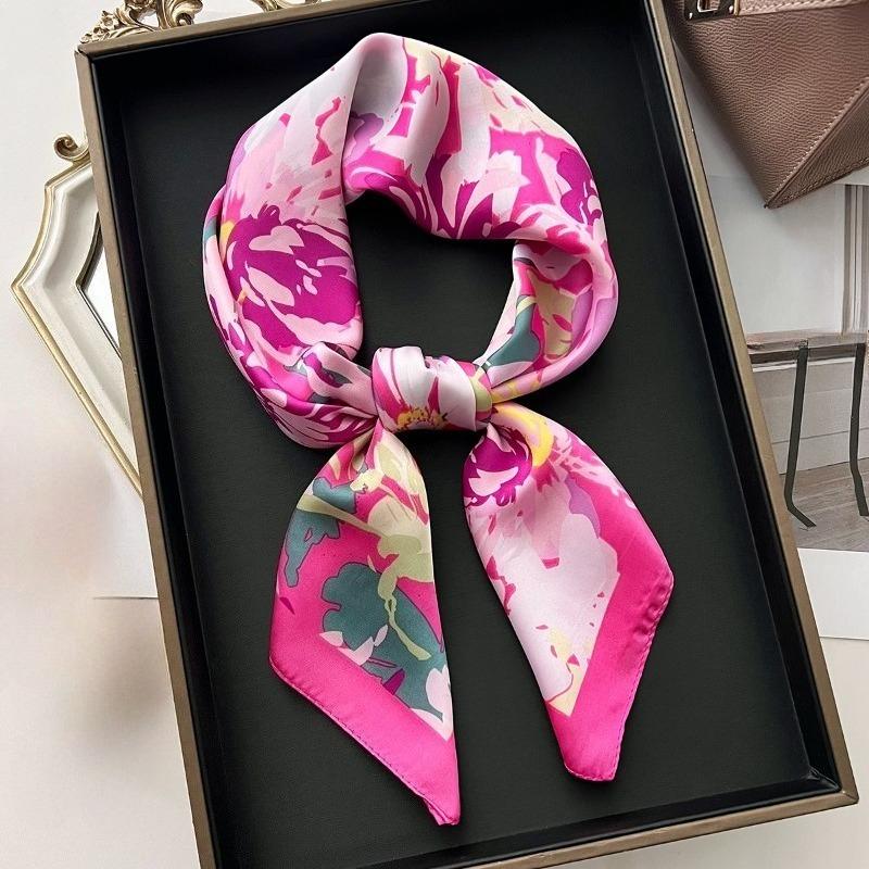 

68cm Pink Lotus Pattern Scarf New Spring and Summer Imitation Silk Scarf High-end Temperament Versatile Headscarf Shawl Scarfs розовый