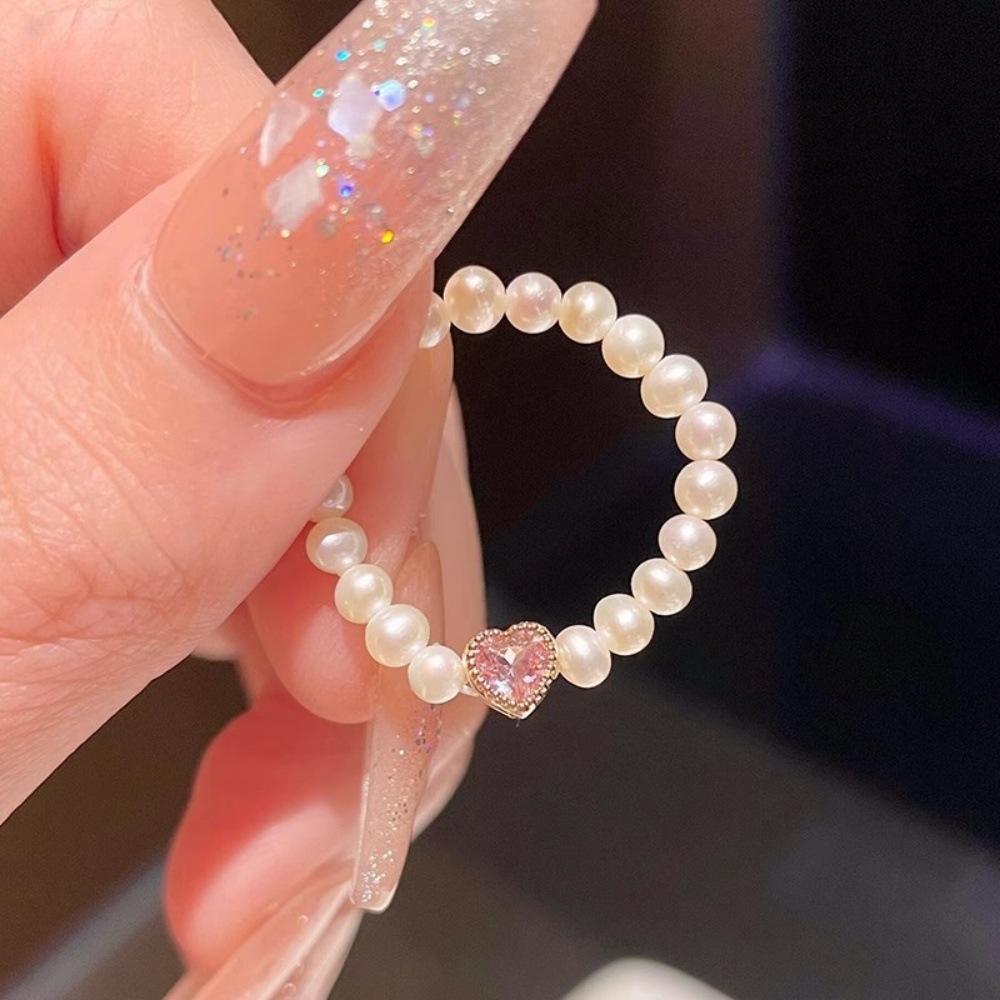 

Princess on the Run Pink Love Zircon Pearl Ring Index Finger Ring Temperament Sweet Versatile Ring