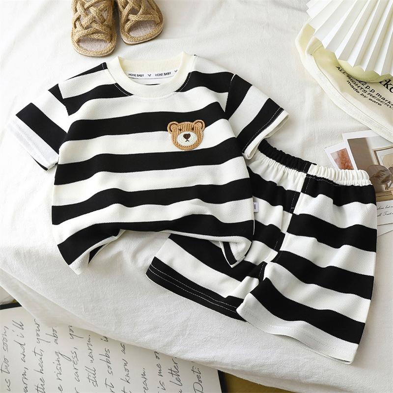 2026 Summer Children O-Neck Short Sleeve T-Shirt Suits Baby Spring Short Pants Two-pieces Set Stripe Cotton Suit for Girl Boy