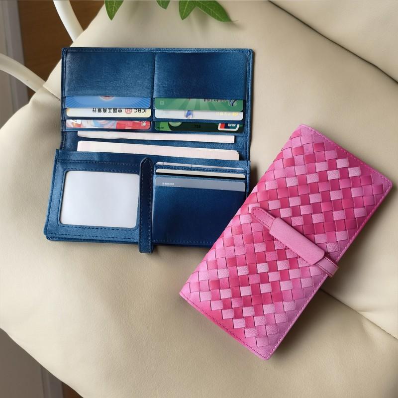 Genuine Leather Woven Long Wallet Men Women Soft Sheepskin Interior Multi-Slot Card Holder Large Capacity Bifold Purse