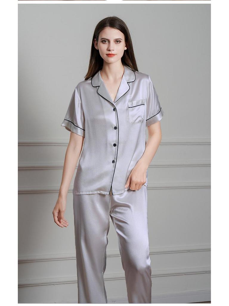 Girls' Imitation Silk Pajama Set - Short Sleeve Top & Long Pants, Lapel Design, Spring/Summer Homewear