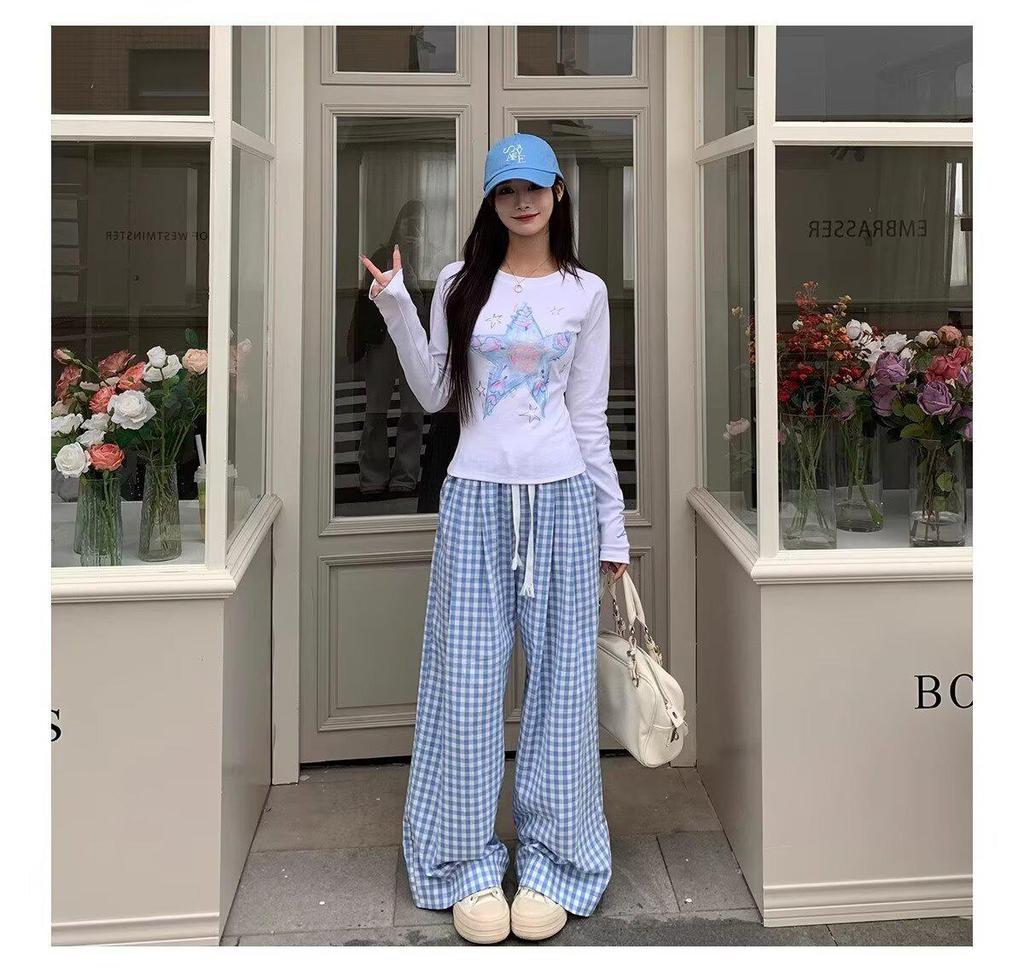 Damen Koreanische Karohose mit hohem Bund - Frühling/Sommer 2025, Vielseitiger Weitbein-Stil