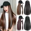 Casquette de baseball perruque Perruques synthétiques avec chapeau blanc noir Cheveux longs et raides Perruques pour femmes connectées Chapeau Perruque en une pièce Chapeau réglable