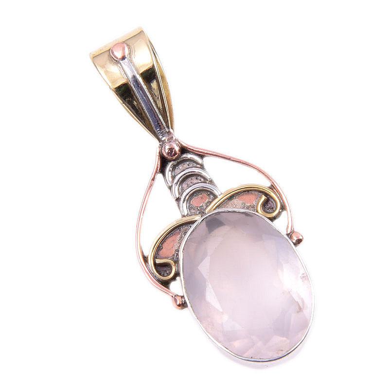 Natural Rose Quartz 925 Solid Sterling Silver Jewelry TwoTone Pendant 1.50" e7G88