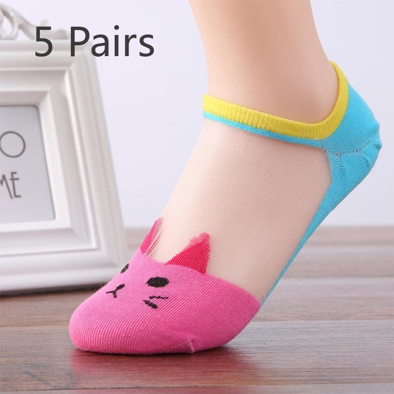 

5 пар женских летних милых прозрачных носков-лодочек с маленьким котом и кружевом Ice Silk 5 Pairs розы красного