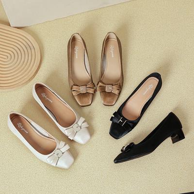 Coarse Heel Single Shoes Spring and Autumn Shoes Soft Leather Fashion Flat Head Light Mouth Bow Gentle Low Heel Shoes