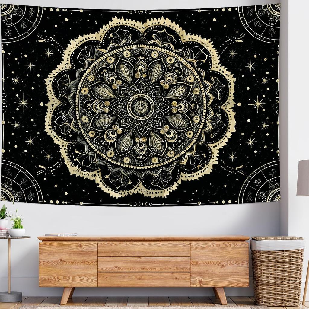 Black and Gold Mandala Tapestry Astrology Space Hippie Bohemian Floral Medallion Tapestry Wall Hanging Aesthetic Psychedelic