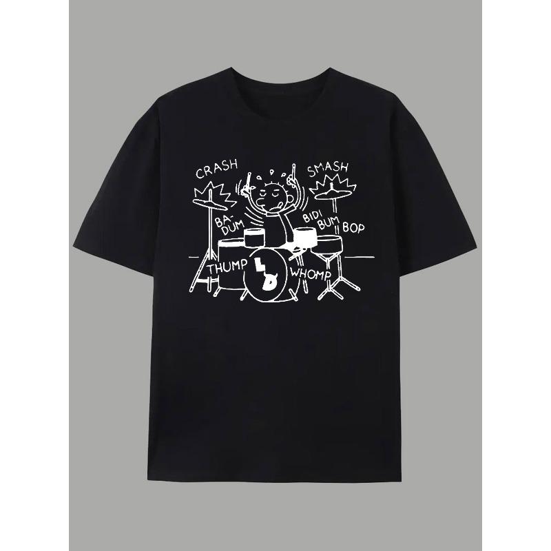 European Size Men' & Drummer Drum Print T-Shirt - Music Graphic Tee with Drumstick Design, Short Sleeve Round Neck Casual Summer Top for Drummers