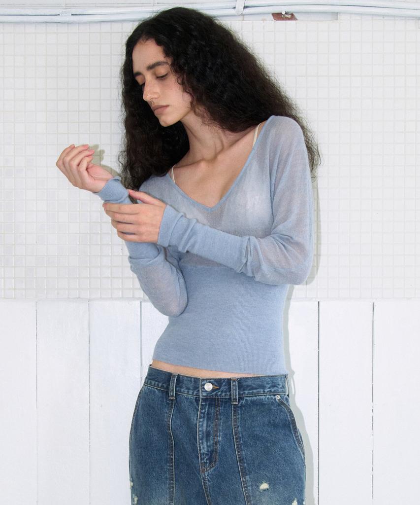 MILLO WOMEN Sheer Deep V-Neck Knit [Ash Blue]