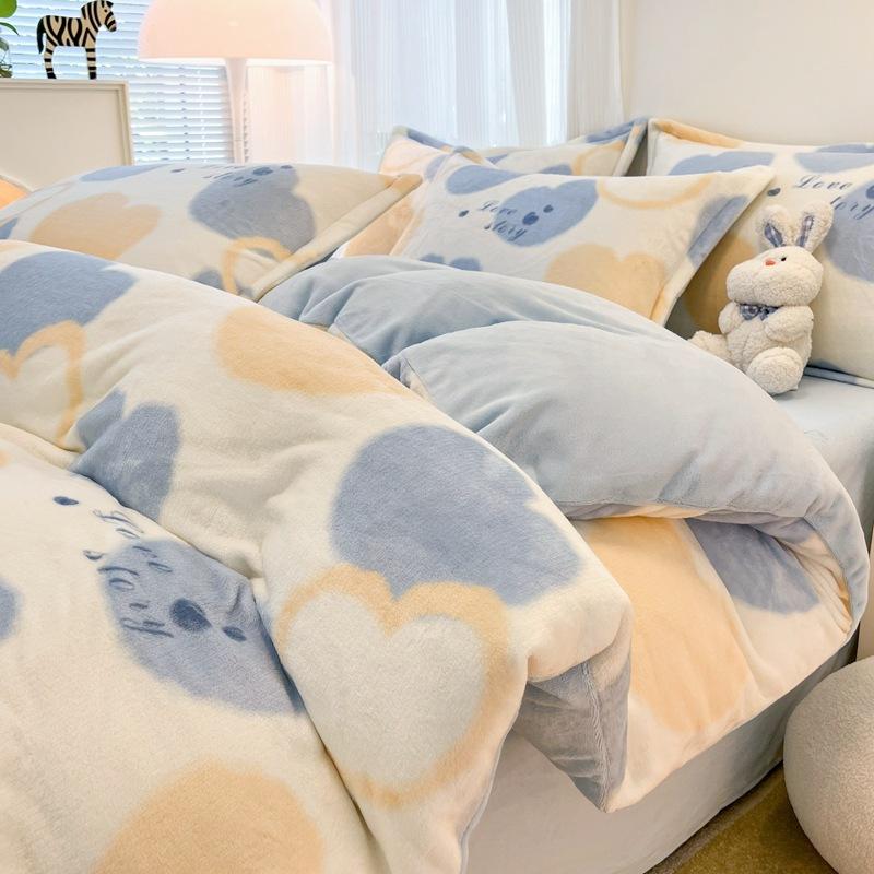 Thickened Milk Fleece Four-Piece Set, Coral Flannel Quilt Cover, Double-Sided Fleece Bed Sheet Quilt Cover, Bed Hat Three-Piece Set