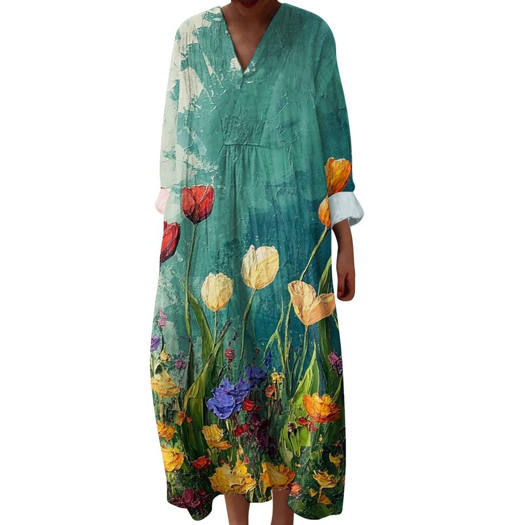 Dámské ležérní a módní šaty s dlouhým rukávem s květinovým potiskem a výstřihem do V šaty s dlouhým rukávem