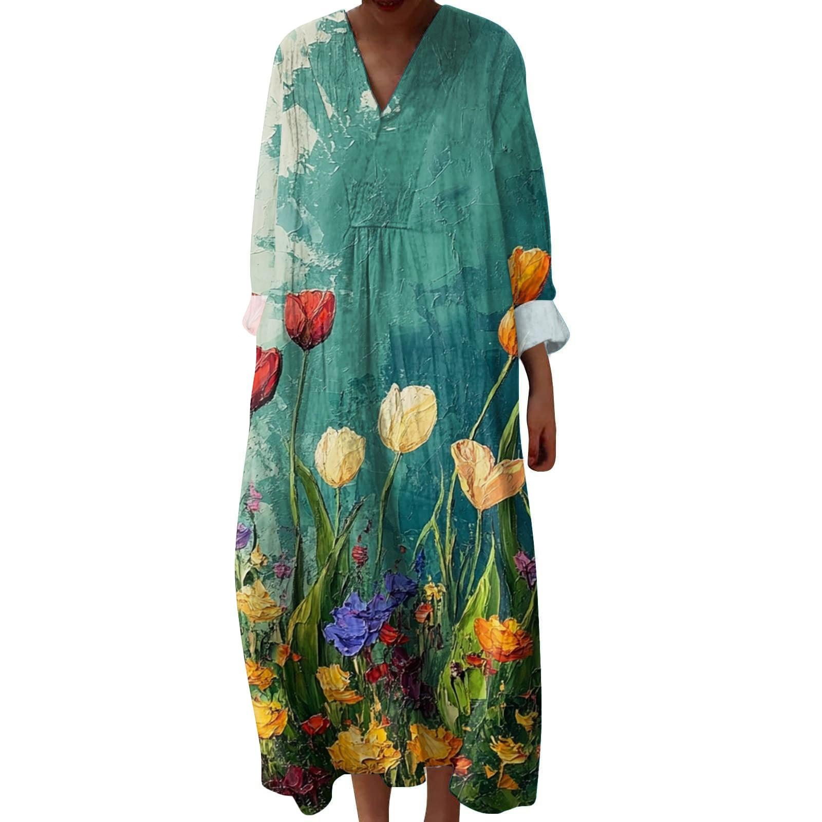 

Женское повседневное и модное платье с V-образным вырезом и цветочным принтом, с длинным рукавом XXL темно-зеленого