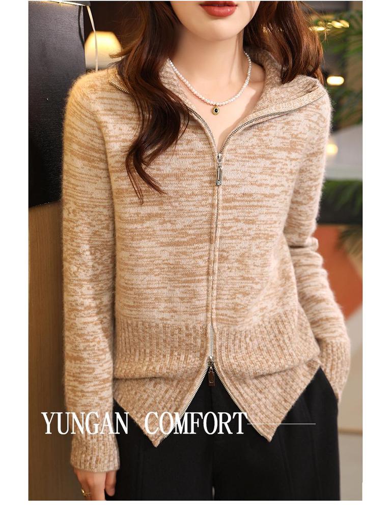 Women's 100% Wool Warm Turn-Down Collar Zipper Cardigan - Autumn/Winter Casual Style