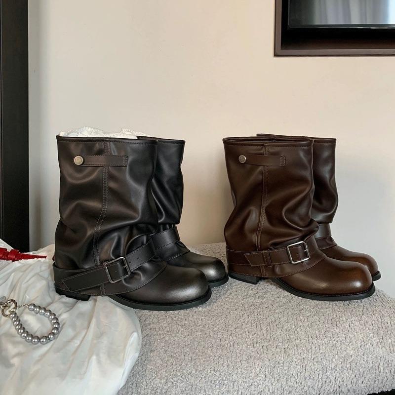 Hottie Pants Boots Fashion Wasteland Wind Pleated Buckle Western Boots Women's Autumn Pile Boots