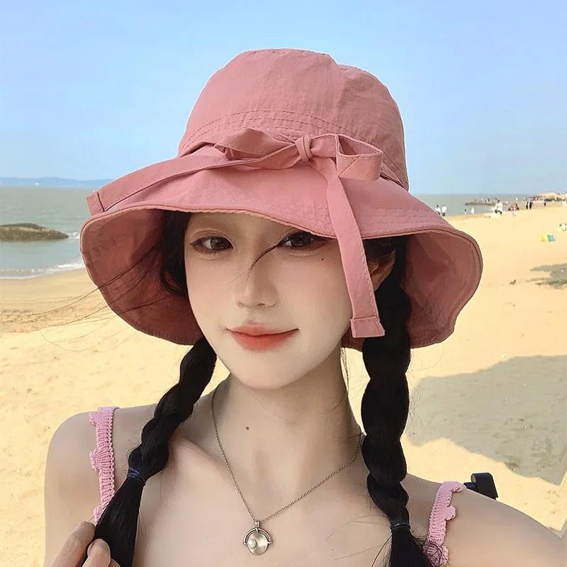 Cappello da Pescatore Donna con Lacci Fiocco Protezione Solare Ampia Tesa Estivo Anti-UV Cinturino Cappelli a Secchiello Ragazza Coreana Viaggio Spiaggia Cappelli a Secchiello
