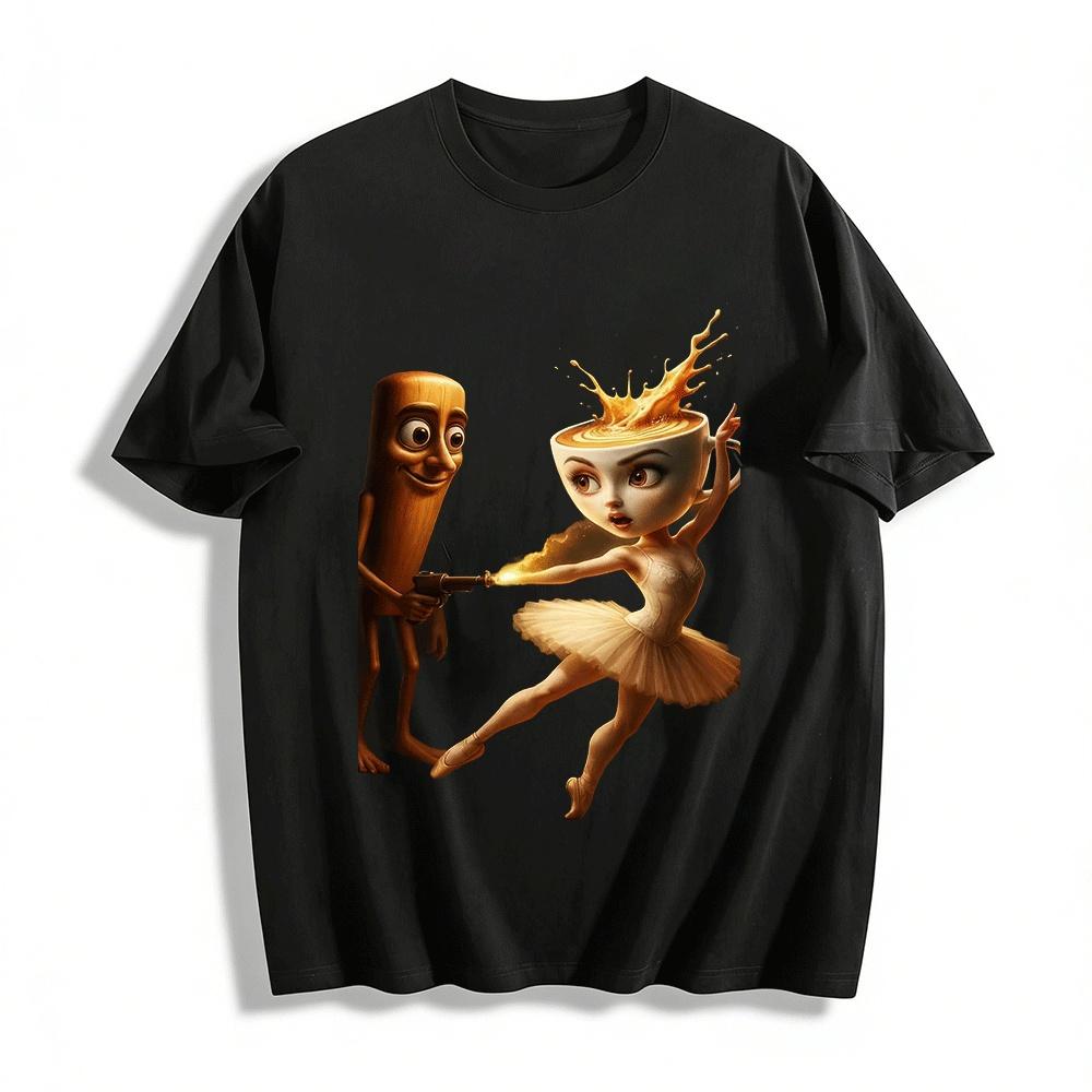 Anthropomorphic Coffee Cup Ballerina & Baguette Print T-Shirt Pure cotton T-shirt XXS