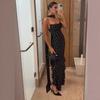 Black and White Polka Dot Halterneck Maxi Dress with Ruffled Hem and Drape