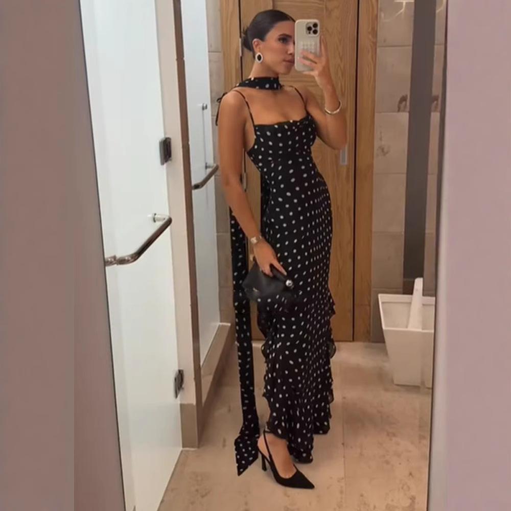 Black and White Polka Dot Halterneck Maxi Dress with Ruffled Hem and Drape