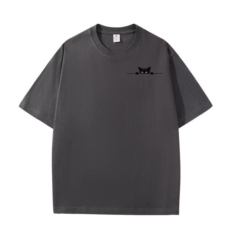 Summer New Tops American Trends Peek Kitten Print Loose Round Neck Men and Women Couple Cotton Short-sleeved T-shirt