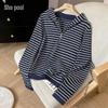 Women's Striped Half-Zip Hooded Pullover Sweatshirt