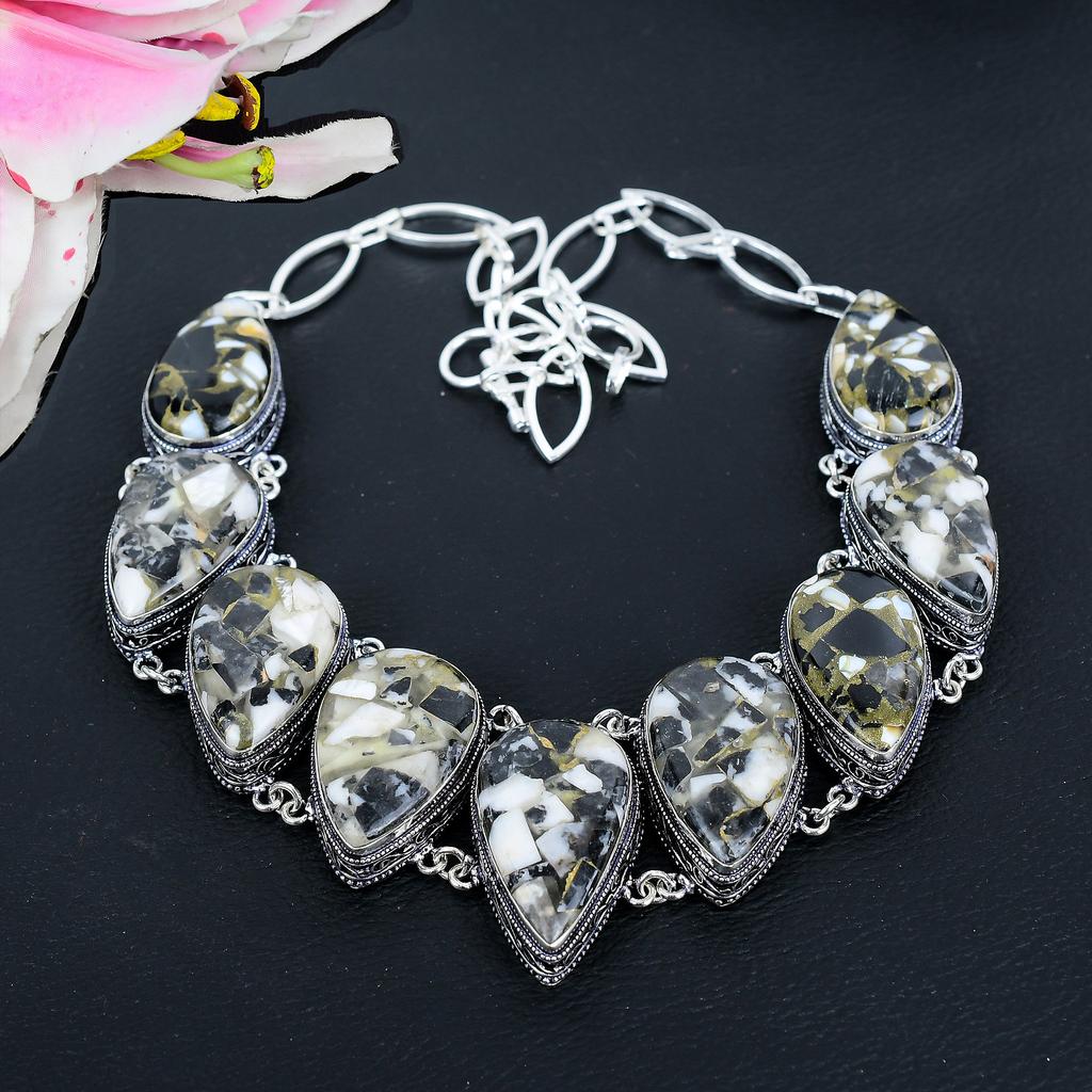Zebra Jasper Gemstone Handmade 925 Sterling Silver Jewelry Necklace 18" KG-1637