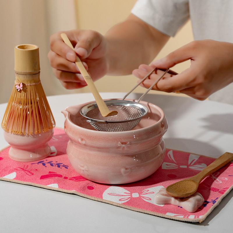 5Pcs Pink Japanese Style Matcha Making Kit Ceramic Matcha Bowl Cute Tea Cup With Spout Complete Tea Brewing Matcha Tea Set