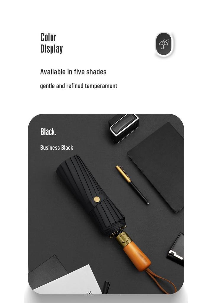 16-Rib Solid Wood Handle Black Sunshade Folding Umbrella - Large, Automatic, and Ideal for Business Gifts