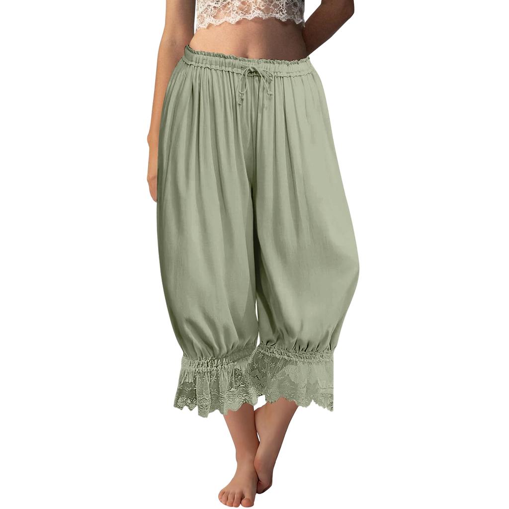 Damen Spitzenbesetzte Lange Rüschen Vintage Weitbein Hose Sommer Strand Reise Urlaubshose