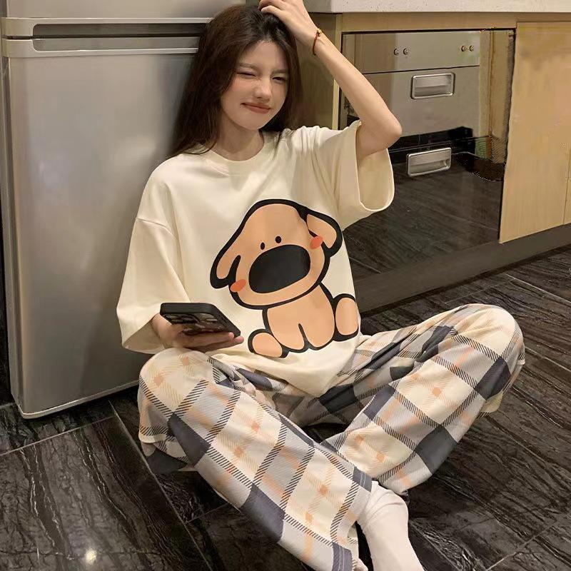 Pajamas women's short-sleeved trousers summer cartoon cute 2 new cartoon spring and summer loungewear suit can be worn outside