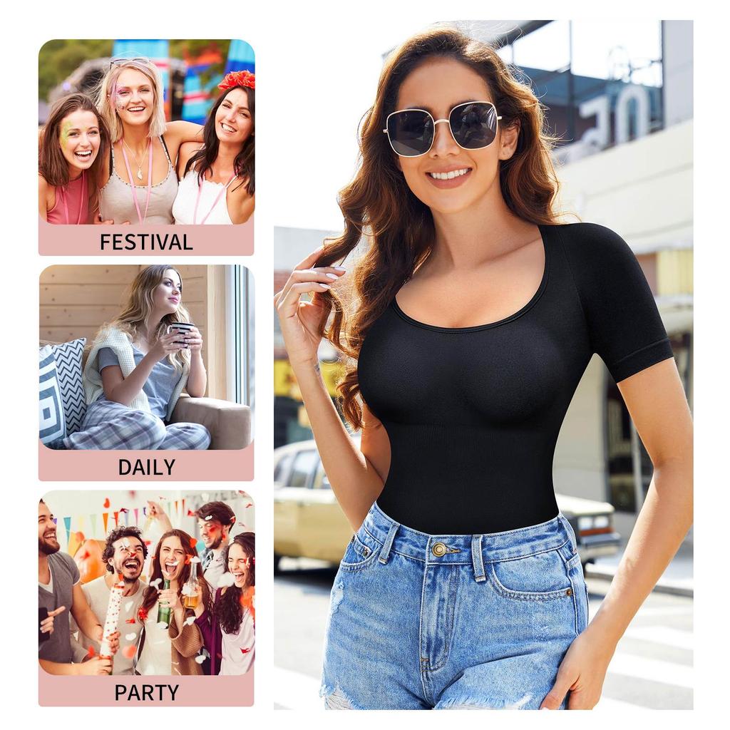 Damen Kurzarm Body Shapewear zur Bauchkontrolle Nahtlose T-Shirts Taillentrainer Schlankmachender Body Shaper Tanktops