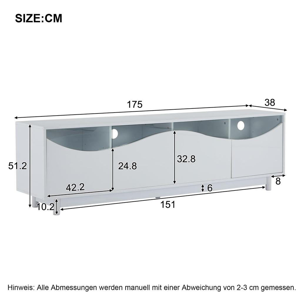 TV Schrank TV Lowboard Hochglanz Weiß 70 Zoll Fernseher, TV Ständer 4 Türen, Schranktür aus gehärtetem Glas, TV Möbel Wohnzimmer Schlafzimmer