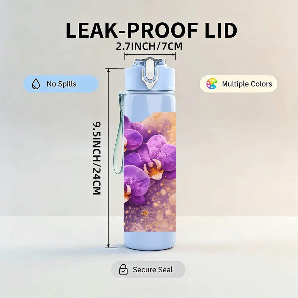 1PC Purple Orchid Vintage Floral Print 750ml Color Plastic Sports Water Bottle Leakproof Flip Straw Lid Suitable for Sports Office Home Use