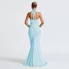 Elegant Halter Neck Deep V Waist-Cinching Long Fishtail Dress with Open Back and Flowing Ribbon