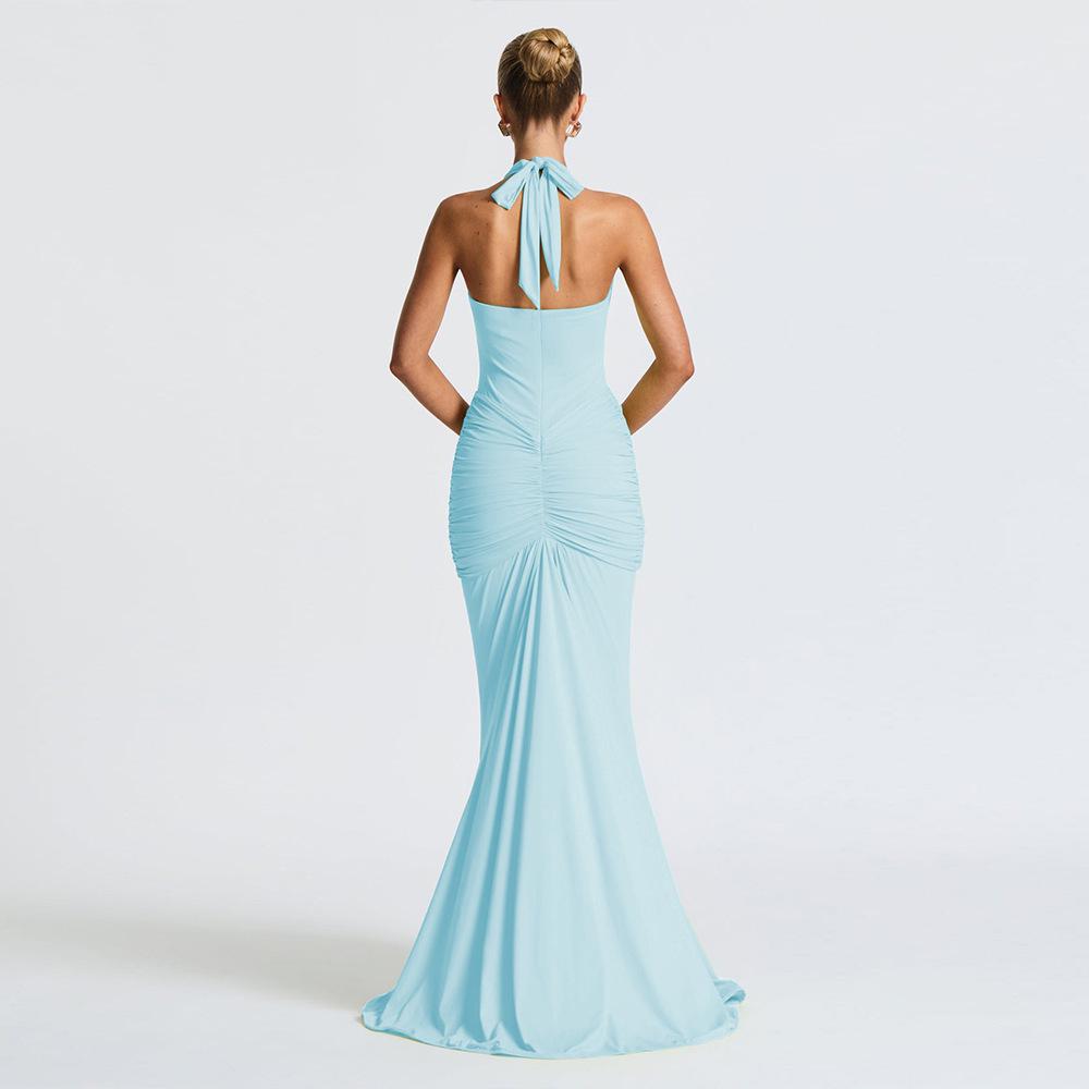 Elegant Halter Neck Deep V Waist-Cinching Long Fishtail Dress with Open Back and Flowing Ribbon
