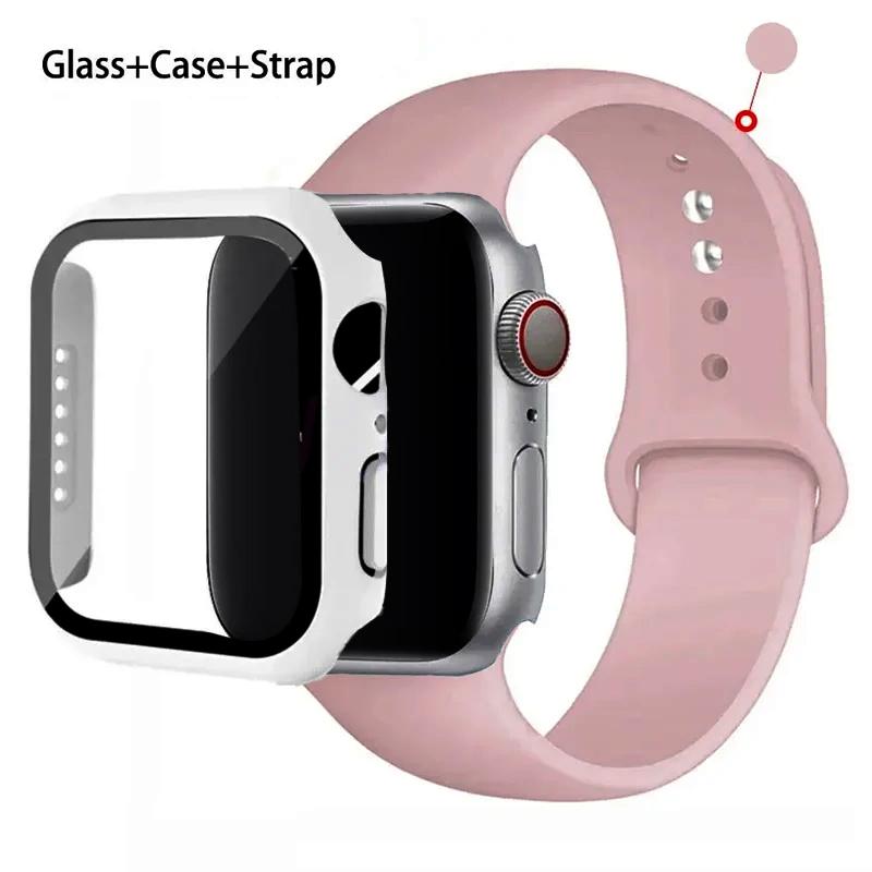 Glass+Case+Strap For Apple Watch band 46mm 45mm 44mm 41mm 40 38mm Silicone watchband bracelet iWatch series 10 9 8 7 6 5 4 3 SE
