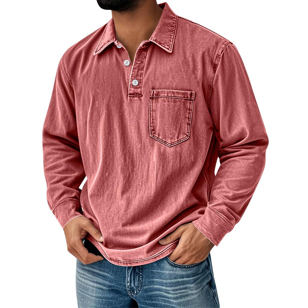 Men's Solid Color Washed Sports Button Pocket Lapel Collar Long Sleeve Top