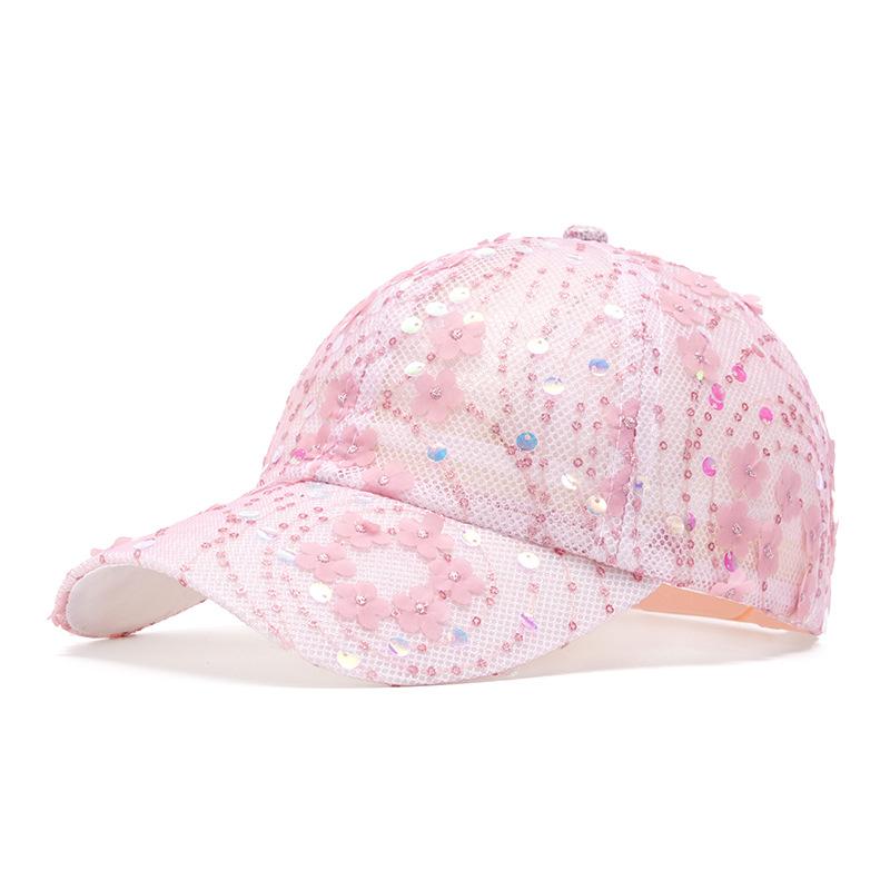 Netz Atmungsaktive Kappe Damen Sommerkappe Pailletten Sonnenschutz Sonnenhut Floral Baseballkappe