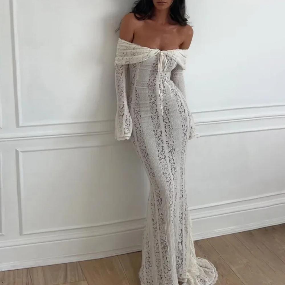 Uthult blonder Ryggløs Slim Lang Kjole Kvinner Stroppeløs Snøring Off Shoulder Kjoler Chic Ny Sexy Kvinne Fest Klubb Kapper