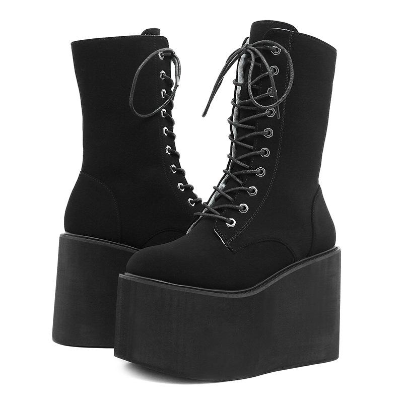Women Wedge Boots Plush Warm Winter Boots Suede Women Mid-calf Boots Lace Up Gothic Boot 11cm Height Increasing Platform Booties
