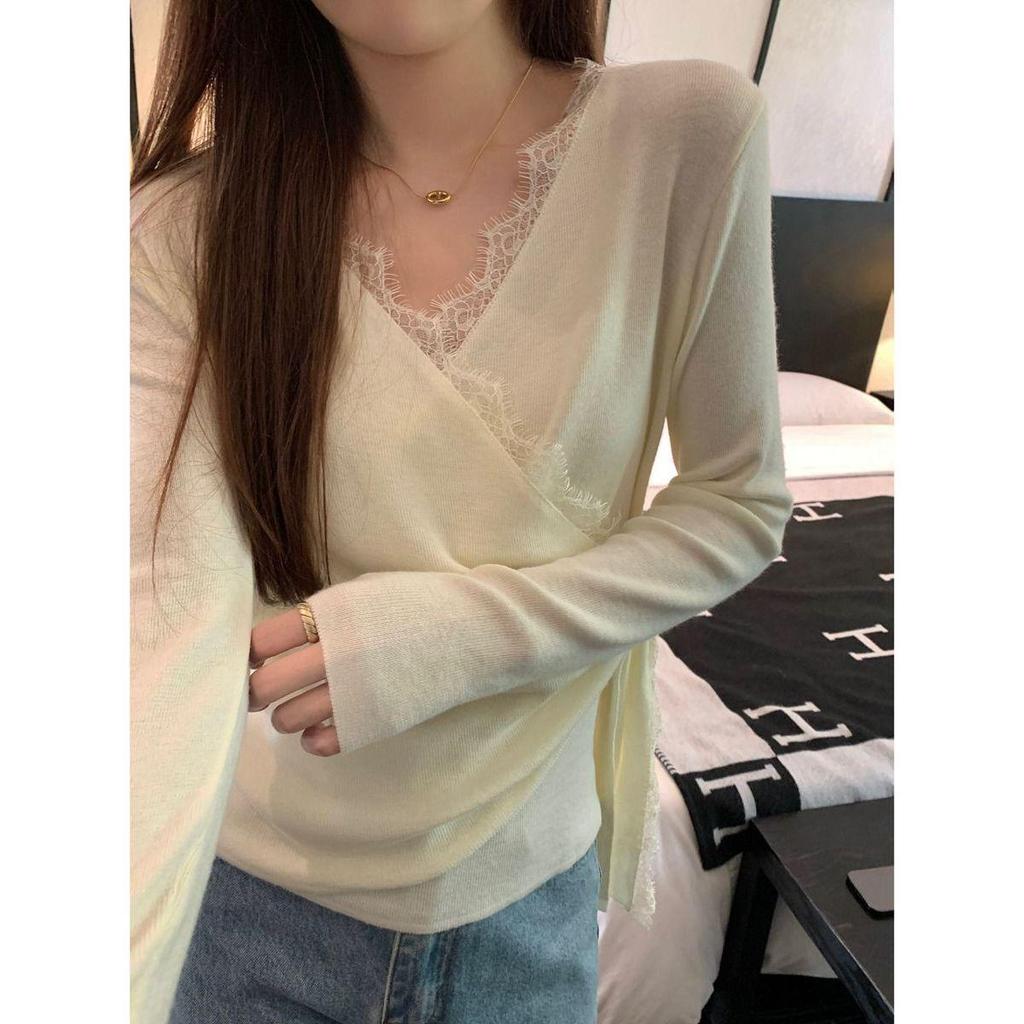 Korean Style Patchwork Lace Waist-Hugging Irregular Knit Top for Women