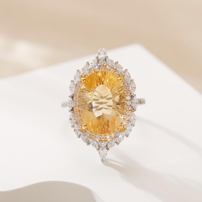 S925 Sterling Silver Plated 18K Gold Natural Color Treasure Large Carat Ring Light Luxury Premium Index Finger Ring Energy Jewelry