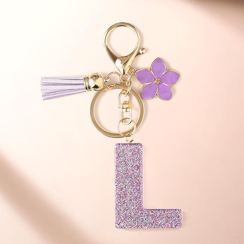Flash Powder 26 English letters, diy, Resin keychain, purple flower, pendant, bag pendant, keychain, Christmas gift, Stocking stuffers