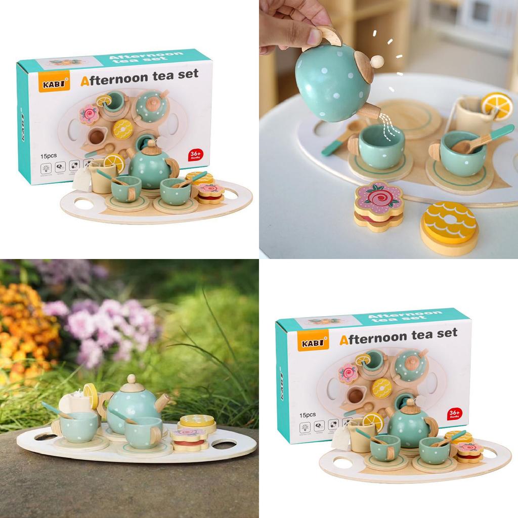 Children Pretend Play Tea Set With Wooden Pots And Cakes For Imaginative Kitchen Play