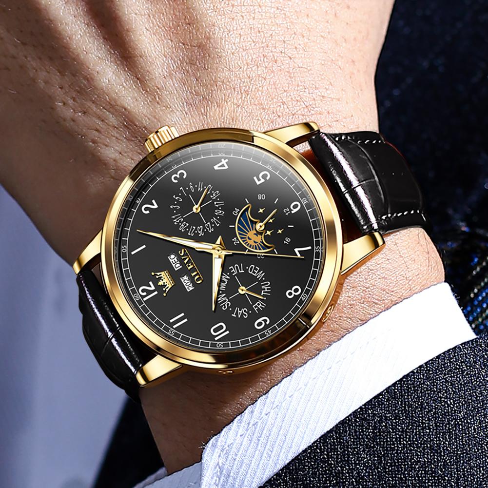 OLEVS 6698 Leder Arabische Ziffern OEM-Logo Multifunktional Mondphase Automatische Mechanische Uhr für Herren