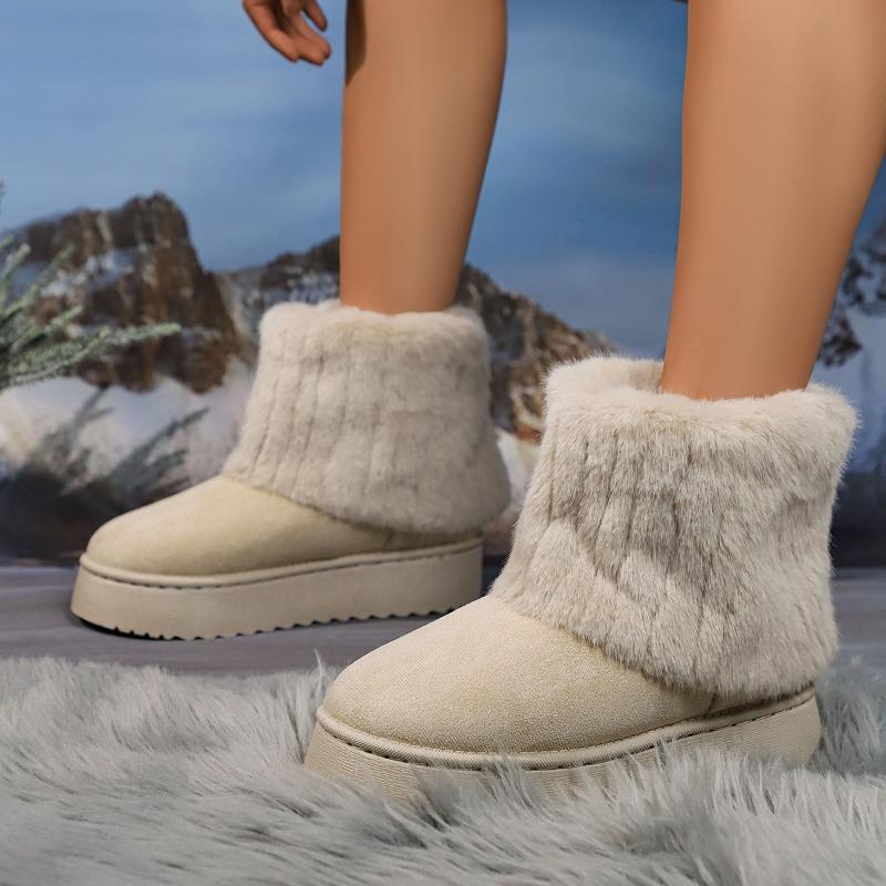 Women's Thick-Soled Snow Boots 2025 Winter New Style Fashionable Fleece-Lined Warm Mid-Calf Boots Turned-Up Legs with Fur Trim