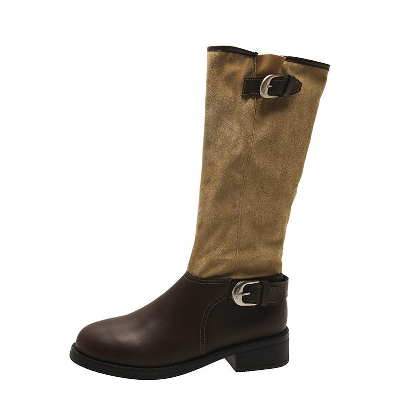 British Style 2025 Autumn New Belt Buckle Splicing Western Cowboy Boots Round Head Thick Heel Sleeve Versatile Knight Boots