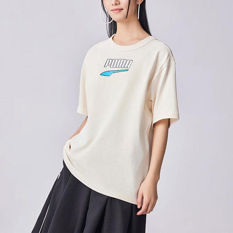 Puma Letter Logo Printed American Style Crew Neck Pullover Casual Short Sleeve T-Shirt Unisex T-Shirt Almond 535359-87