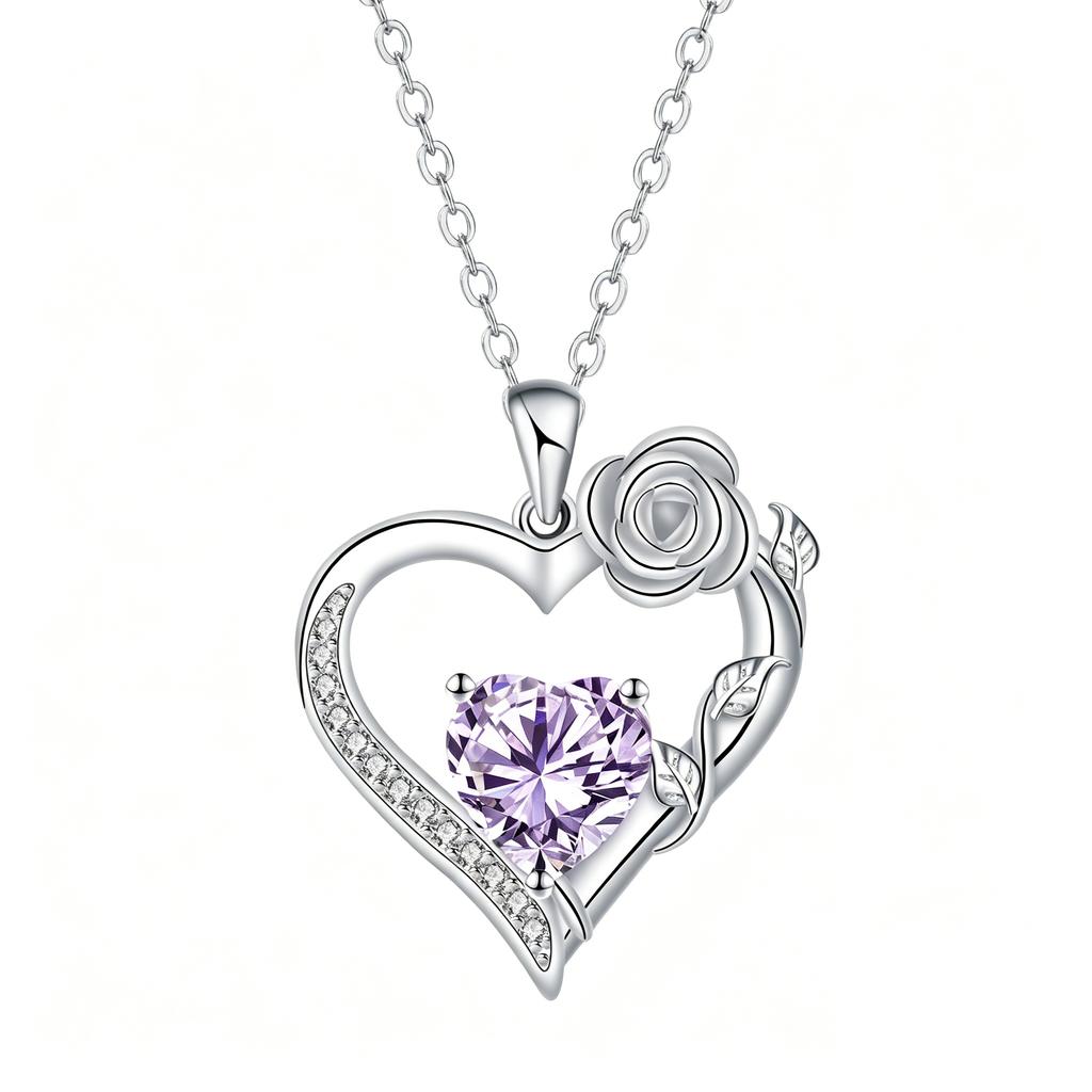 Rose Flower Love Heart Jewelry Wife Girlfriend Mom Daughter Anniversary Birthday Gift 12 Birthstone Necklace for Women