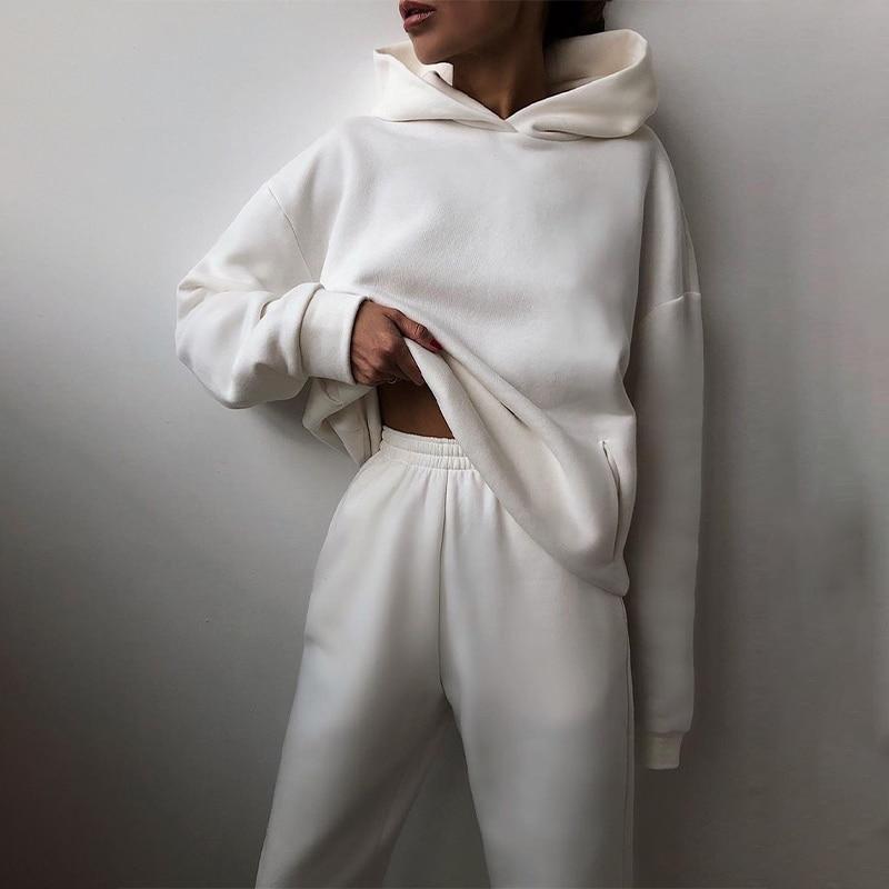 Women Elegant Solid Sets For Women Warm Hoodie Sweatshirts And Long Pant Fashion Two Piece Sets Ladies Sweatshirt Suits